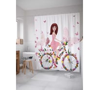 Штора (занавеска) для ванной JoyArty "Девушка на цветочном велосипеде" из сатена, 180х200 см с крючками, sc_30093