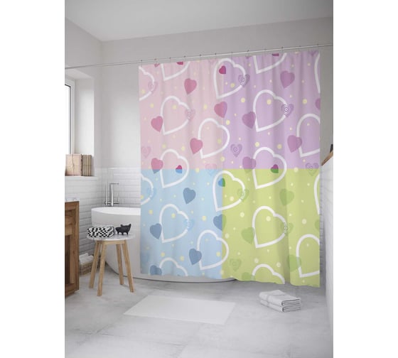 Штора (занавеска) для ванной JoyArty "Сердца на цветных квадратах" из сатена, 180х200 см с крючками, sc_31329 1