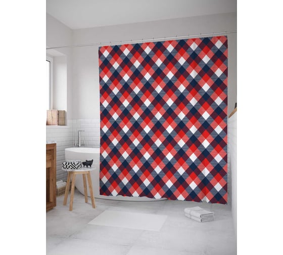 Штора (занавеска) для ванной JoyArty "Красно-синяя клетка" из сатена, 180х200 см с крючками, sc_31077 1