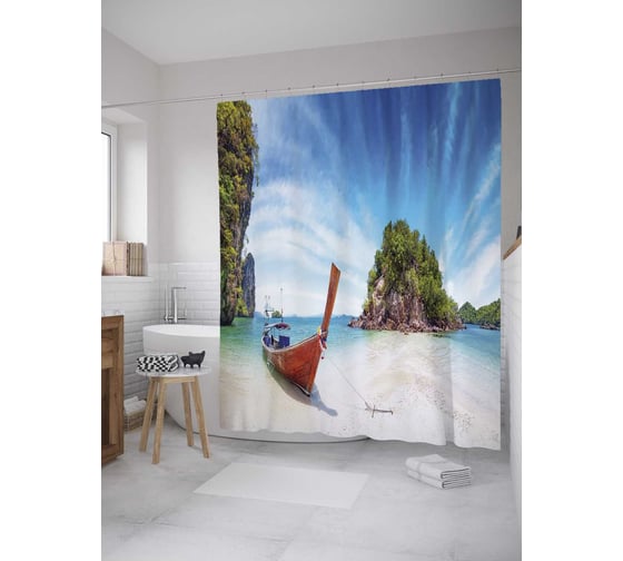Штора (занавеска) для ванной JoyArty "Тропический остров" из сатена, 180х200 см с крючками, sc_31526 1