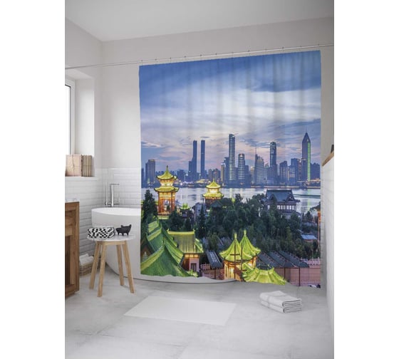 Штора (занавеска) для ванной JoyArty "Китайский город" из сатена, 180х200 см с крючками, sc_31418 1