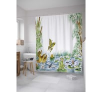 Штора (занавеска) для ванной JoyArty "Рисунок озера и бабочек" из сатена, 180х200 см с крючками, sc_31213