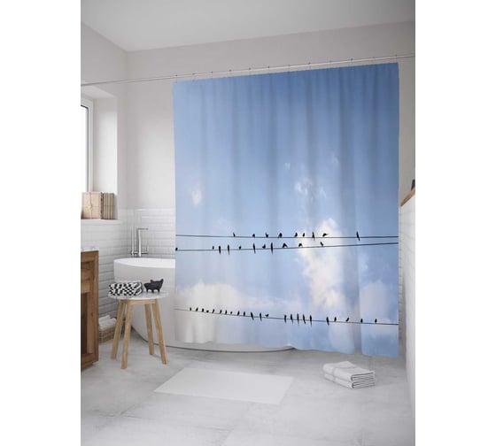 Штора (занавеска) для ванной JoyArty "Ласточки на проводах" из сатена, 180х200 см с крючками, sc_31654 1