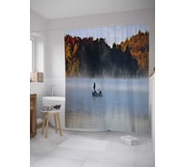 Штора (занавеска) для ванной JoyArty "Лодка с людьми в горах" из сатена, 180х200 см с крючками, sc_31179