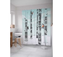 Штора (занавеска) для ванной JoyArty "Узорчатые деревья и снегири" из сатена, 180х200 см с крючками, sc_31266