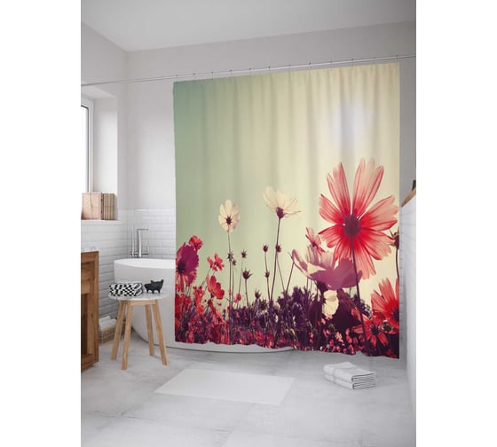 Штора (занавеска) для ванной JoyArty "Цветочный луг" из сатена, 180х200 см с крючками, sc_30366 1