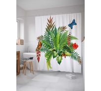Штора (занавеска) для ванной JoyArty "Тропические растения и бабочки" из сатена, 180х200 см с крючками, sc_30466