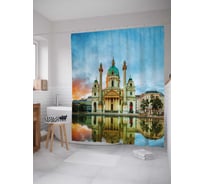 Штора (занавеска) для ванной JoyArty "Храм на реке" из сатена, 180х200 см с крючками, sc_30916