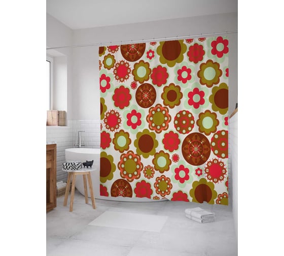 Штора (занавеска) для ванной JoyArty "Круговые цветочные узоры" из сатена, 180х200 см с крючками, sc_30483 1