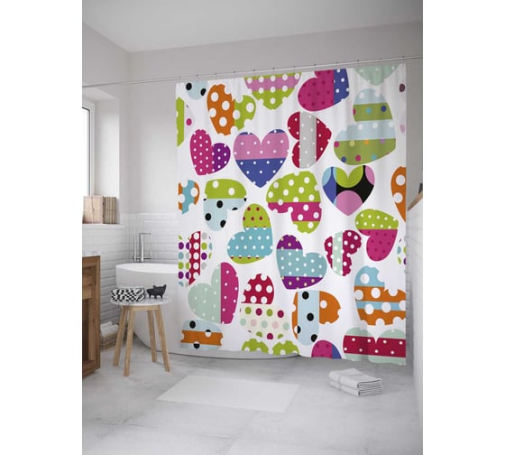 Штора (занавеска) для ванной JoyArty "Сердца из лоскутков" из сатена, 180х200 см с крючками, sc_32178 1