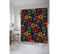 Штора (занавеска) для ванной JoyArty "Разноцветные мозаичные цветы" из сатена, 180х200 см с крючками, sc_30422