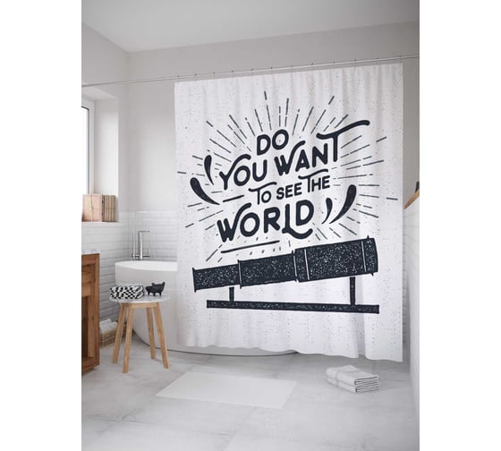 Штора (занавеска) для ванной JoyArty "Увидеть мир" из сатена, 180х200 см с крючками, sc_32433 1