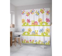 Штора (занавеска) для ванной JoyArty "Мультяшный сад цветов" из сатена, 180х200 см с крючками, sc_30480