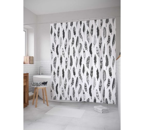 Штора (занавеска) для ванной JoyArty "Монохромные перышки" из сатена, 180х200 см с крючками, sc_30521 1