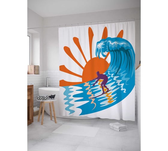 Штора (занавеска) для ванной JoyArty "Серфинг на закате" из сатена, 180х200 см с крючками, sc_30509 1
