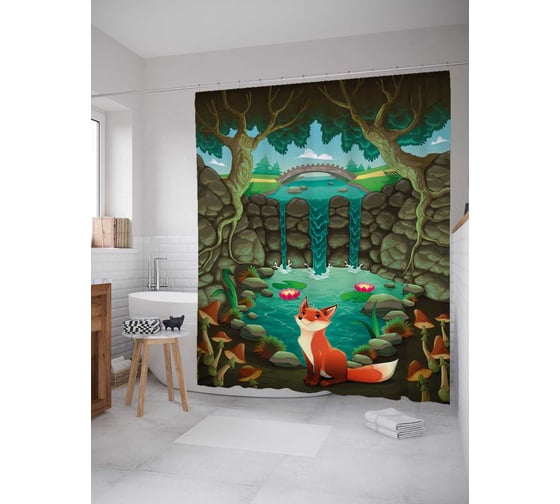 Штора (занавеска) для ванной JoyArty "Лис у озера" из сатена, 180х200 см с крючками, sc_30433 1