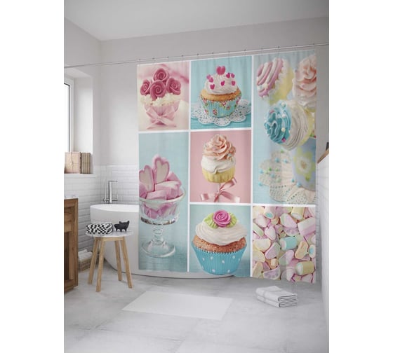 Штора (занавеска) для ванной JoyArty "Сладкий марципан" из сатена, 180х200 см с крючками, sc_32055 1