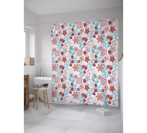 Штора (занавеска) для ванной JoyArty "Земляничная поляна" из сатена, 180х200 см с крючками, sc_32389