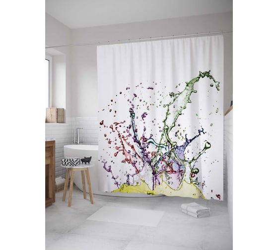 Штора (занавеска) для ванной JoyArty "Разноцветный всплеск" из сатена, 180х200 см с крючками, sc_32216 1