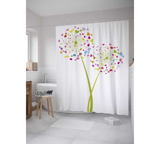 Штора (занавеска) для ванной JoyArty "Сердечные одуванчики" из сатена, 180х200 см с крючками, sc_32650 1