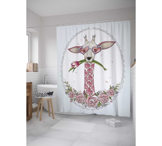 Штора (занавеска) для ванной JoyArty "Жираф с цветком" из сатена, 180х200 см с крючками, sc_32260 1