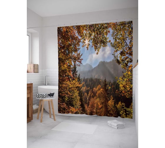 Штора (занавеска) для ванной JoyArty "Утро в лесной долине" из сатена, 180х200 см с крючками, sc_30414