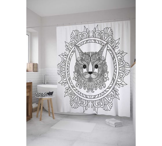 Штора (занавеска) для ванной JoyArty "Кошачья мандала" из сатена, 180х200 см с крючками, sc_32405