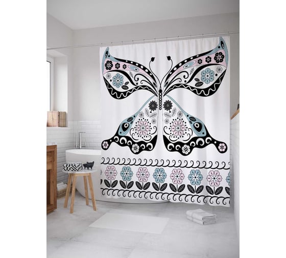 Штора (занавеска) для ванной JoyArty "Узорчатая бабочка" из сатена, 180х200 см с крючками, sc_30927 1