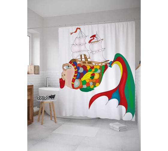 Штора (занавеска) для ванной JoyArty "Цветная рыба из снов" из сатена, 180х200 см с крючками, sc_31301 1