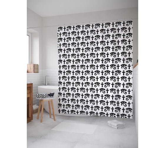 Штора (занавеска) для ванной JoyArty "Черные инструменты" из сатена, 180х200 см с крючками, sc_30105 1