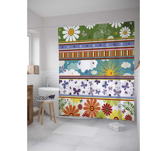 Штора (занавеска) для ванной JoyArty "Полосы с цветочными узорами" из сатена, 180х200 см с крючками, sc_31279 1