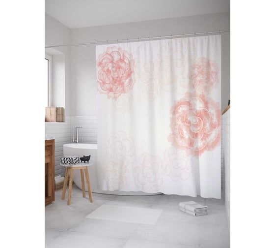 Штора (занавеска) для ванной JoyArty "Очертания пионов" из сатена, 180х200 см с крючками, sc_30941 1