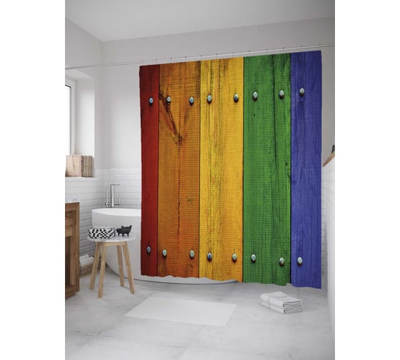 Штора (занавеска) для ванной JoyArty "Разноцветные прибитые доски" из сатена, 180х200 см с крючками, sc_31303 1