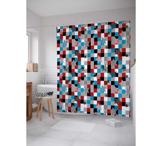 Штора (занавеска) для ванной JoyArty "Звезды и пиксели" из сатена, 180х200 см с крючками, sc_30971 1