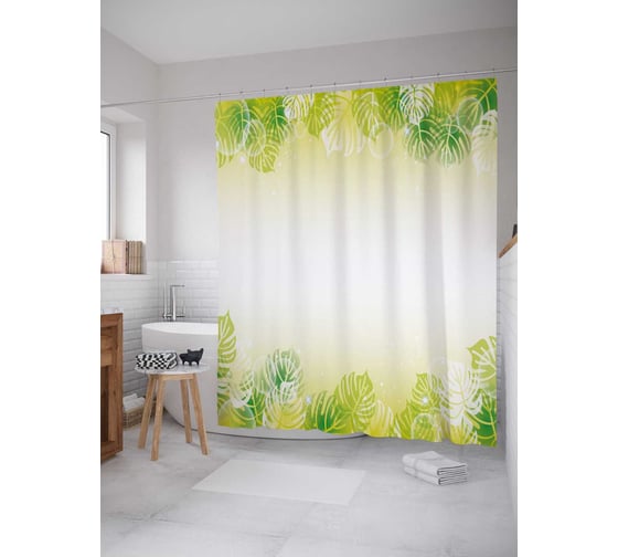 Штора (занавеска) для ванной JoyArty "Рамка листьев монстеры" из сатена, 180х200 см с крючками, sc_30219 1