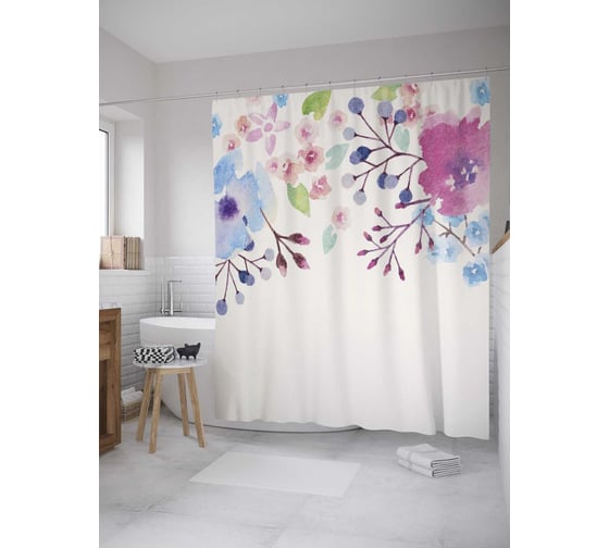 Штора (занавеска) для ванной JoyArty "Цветочная акварельная арка" из сатена, 180х200 см с крючками, sc_31003 1