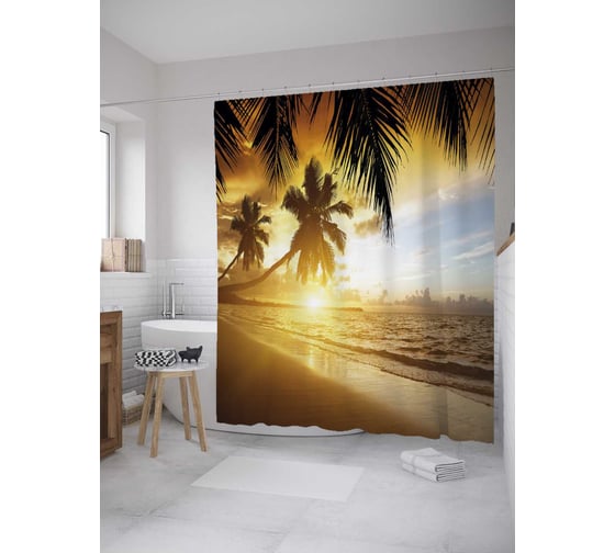 Штора (занавеска) для ванной JoyArty "Вечерние пальмы над берегом" из сатена, 180х200 см с крючками, sc_31265 1
