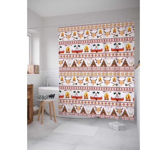 Штора (занавеска) для ванной JoyArty "Индийские пирамиды" из сатена, 180х200 см с крючками, sc_30816 1