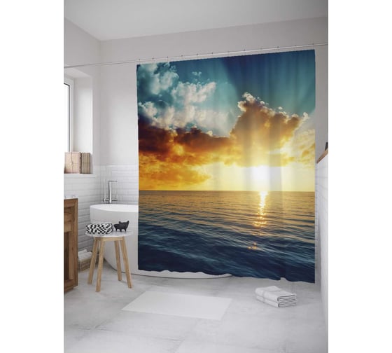 Штора (занавеска) для ванной JoyArty "Морской восход" из сатена, 180х200 см с крючками, sc_31247 1
