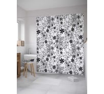 Штора (занавеска) для ванной JoyArty "Черные цветочки" из сатена, 180х200 см с крючками, sc_31189
