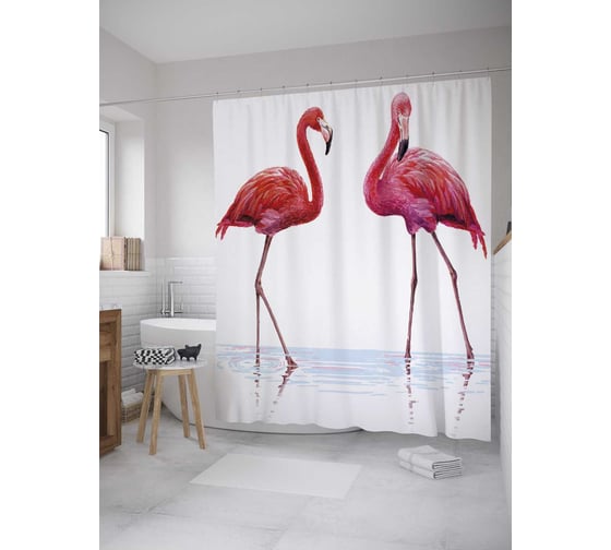 Штора (занавеска) для ванной JoyArty "Парочка фламинго" из сатена, 180х200 см с крючками, sc_31215 1