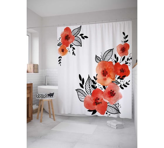 Штора (занавеска) для ванной JoyArty "Акварельные уголки маков" из сатена, 180х200 см с крючками, sc_30920 1