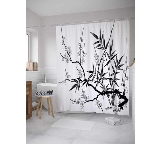 Штора (занавеска) для ванной JoyArty "Ветвь с листьями и цветами" из сатена, 180х200 см с крючками, sc_31180 1
