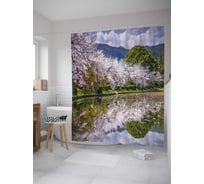 Штора (занавеска) для ванной JoyArty "Сакуры над озером" из сатена, 180х200 см с крючками, sc_31349