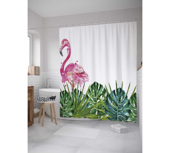 Штора (занавеска) для ванной JoyArty "Фламинго в тропиках" из сатена, 180х200 см с крючками, sc_31396 1