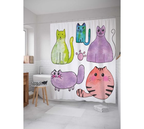 Штора (занавеска) для ванной JoyArty "Хвостатые коты" из сатена, 180х200 см с крючками, sc_32808 1