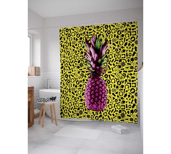 Штора (занавеска) для ванной JoyArty "Ананасовое марево" из сатена, 180х200 см с крючками, sc_5292