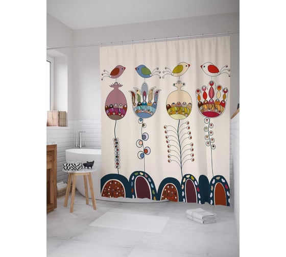 Штора (занавеска) для ванной JoyArty "Щебетание птичек" из сатена, 180х200 см с крючками, sc_32746 1