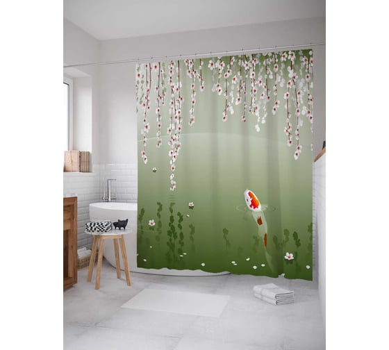 Штора (занавеска) для ванной JoyArty "Сакура над карпом" из сатена, 180х200 см с крючками, sc_38747 1