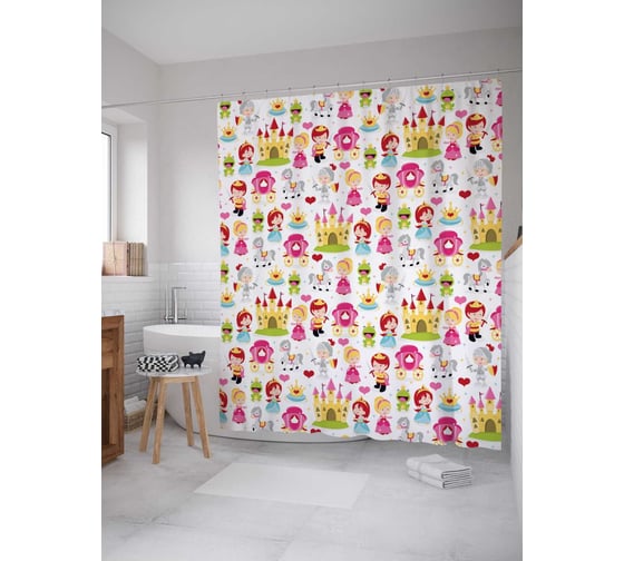 Штора (занавеска) для ванной JoyArty "Сказочный замок принца и принцессы" из сатена, 180х200 см с крючками, sc_31414 1